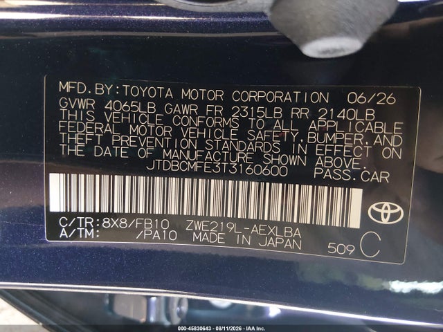 JTDBCMFE3T3160600 Toyota Corolla Hybrid Hybrid Le