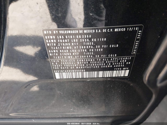 45830645 :رقم المزاد ، 3VV1B7AX6KM059395 vin ، 2019 Volkswagen Tiguan 2.0t S مزاد بيع