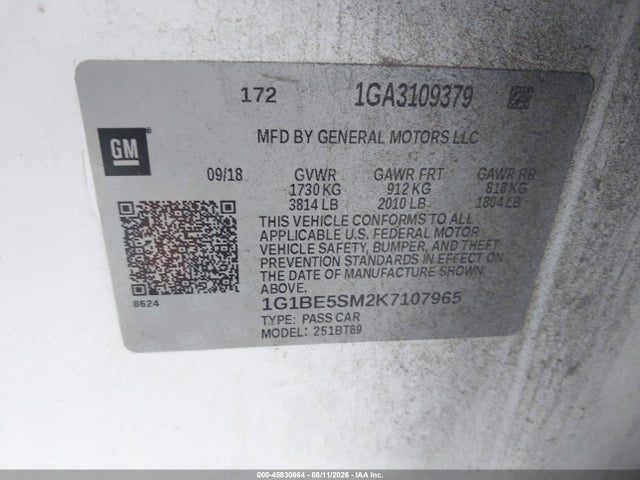 45830664 :رقم المزاد ، 1G1BE5SM2K7107965 vin ، 2019 Chevrolet Cruze Lt مزاد بيع