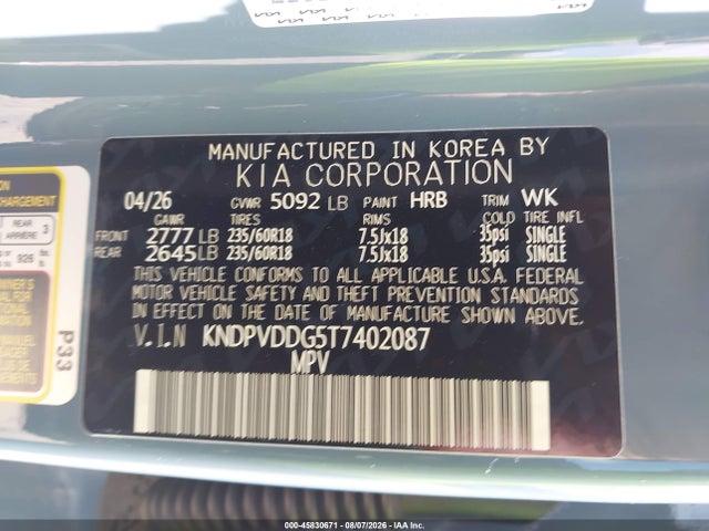 Aukcja sprzedaży 2026 Kia Sportage Hybrid Ex, vin: KNDPVDDG5T7402087, numer aukcji: 45830671