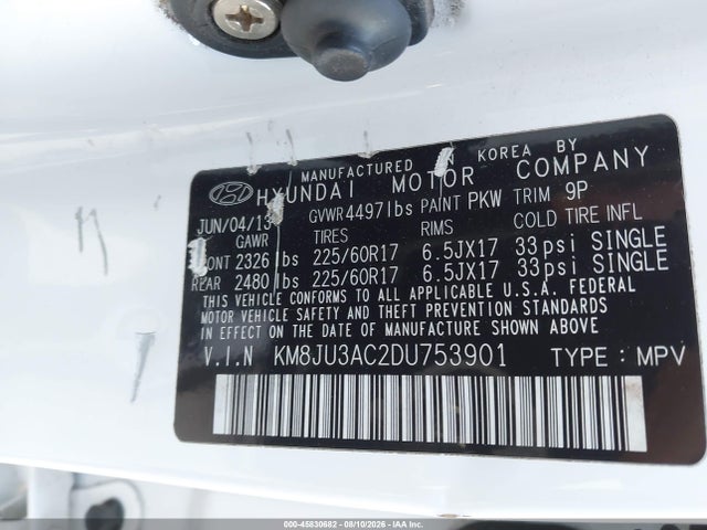 45830682 :رقم المزاد ، KM8JU3AC2DU753901 vin ، 2013 Hyundai Tucson Gls مزاد بيع