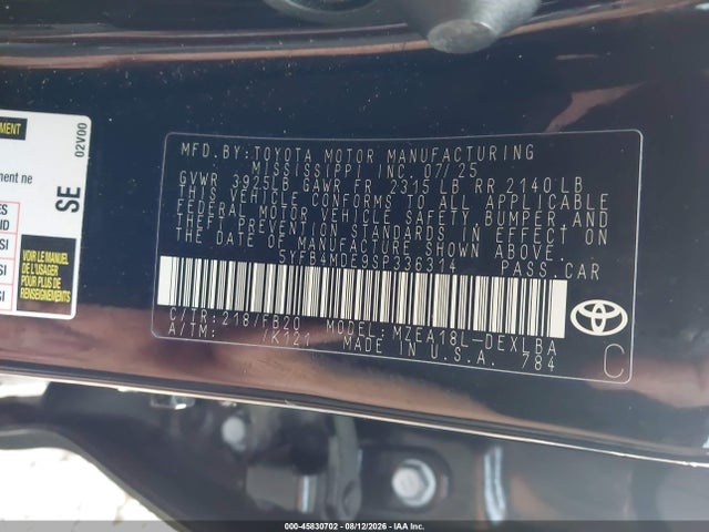 45830702 :رقم المزاد ، 5YFB4MDE9SP336314 vin ، 2025 Toyota Corolla Le مزاد بيع