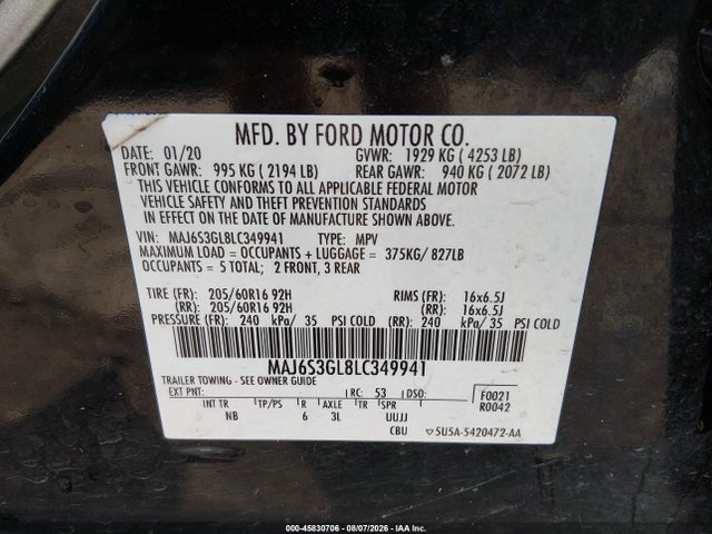 2020 Ford Ecosport Se მანქანა იყიდება აუქციონზე, vin: MAJ6S3GL8LC349941, აუქციონის ნომერი: 45830706