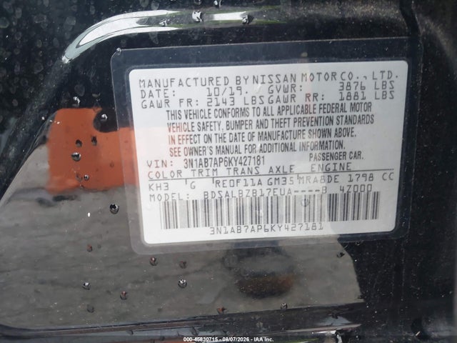 Продаж на аукціоні авто 2019 Nissan Sentra S, vin: 3N1AB7AP6KY427181, номер лоту: 45830715