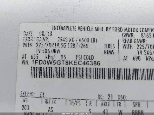 Auction sale of the 2019 Ford F-550 Chassis Xl, vin: 1FD0W5GT8KEC46386, lot number: 45830723
