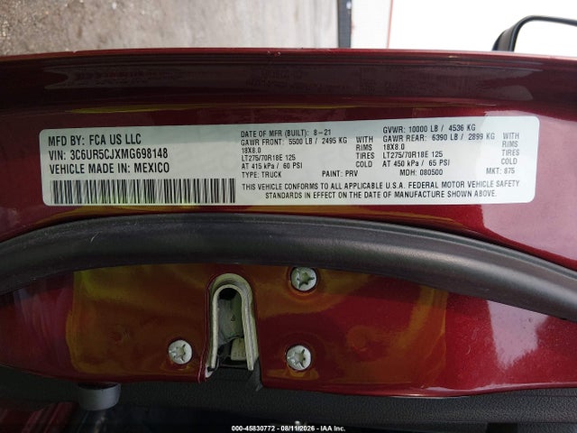 45830772 :رقم المزاد ، 3C6UR5CJXMG698148 vin ، 2021 Ram 2500 Tradesman  4x4 6'4 Box مزاد بيع