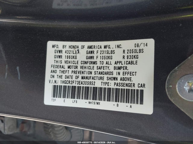 45830775 :رقم المزاد ، 1HGCR2F73EA305952 vin ، 2014 Honda Accord Ex مزاد بيع