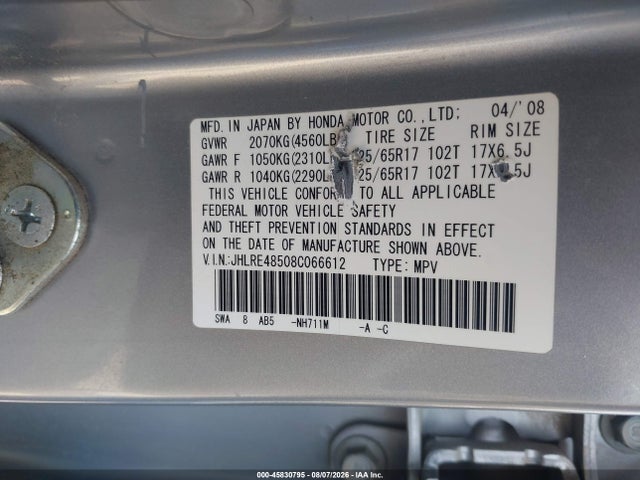 Продажа на аукционе авто 2008 Honda Cr-v Ex, vin: JHLRE48508C066612, номер лота: 45830795