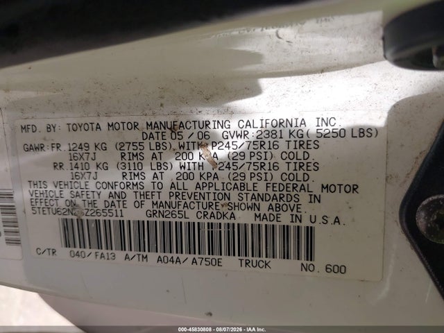 2006 Toyota Tacoma Prerunner V6 მანქანა იყიდება აუქციონზე, vin: 5TETU62N26Z265511, აუქციონის ნომერი: 45830808