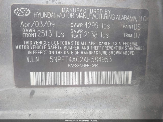 45830810 :رقم المزاد ، 5NPET4AC2AH584953 vin ، 2010 Hyundai Sonata Gls مزاد بيع