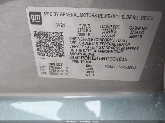 2024 Chevrolet Silverado 1500 4wd  Short Bed Lt With 2fl მანქანა იყიდება აუქციონზე, vin: 3GCPDKEK5RG334915, აუქციონის ნომერი: 45830811