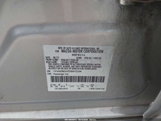 45830812 :رقم المزاد ، 1YVHZ8EH7D5M17334 vin ، 2013 Mazda Mazda6 I Touring Plus مزاد بيع