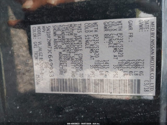 45830823 :رقم المزاد ، 5N1DR2MM7JC649953 vin ، 2018 Nissan Pathfinder Sl مزاد بيع