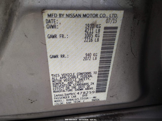45830825 :رقم المزاد ، 1N4AL3AP9FC478259 vin ، 2015 Nissan Altima 2.5 S مزاد بيع