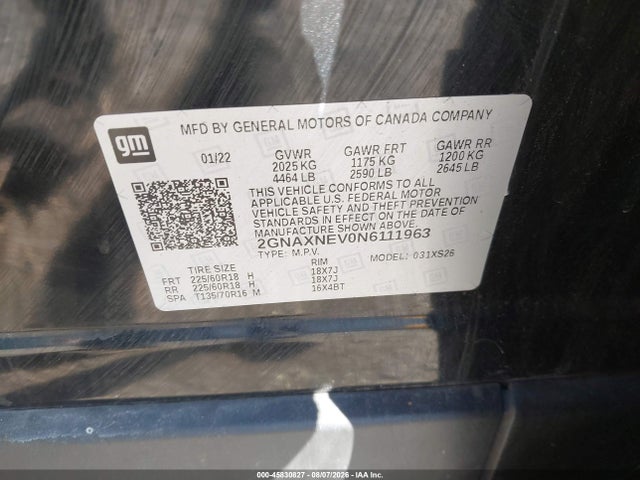 Продаж на аукціоні авто 2022 Chevrolet Equinox Fwd Premier, vin: 2GNAXNEV0N6111963, номер лоту: 45830827