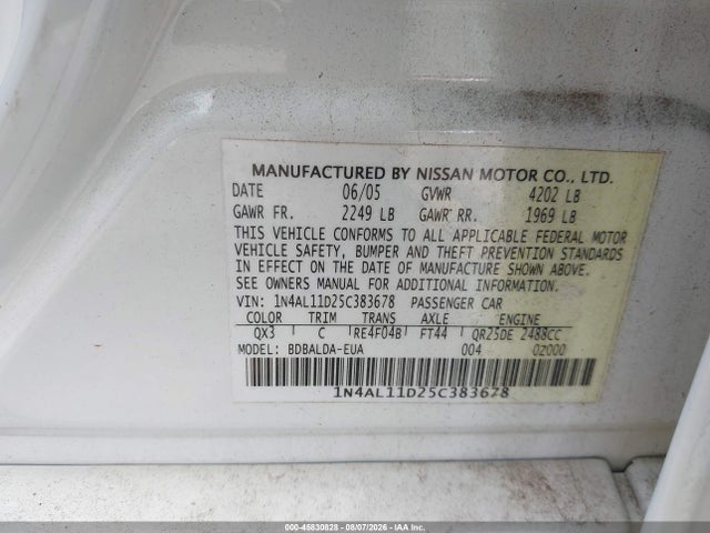 Продаж на аукціоні авто 2005 Nissan Altima 2.5 S, vin: 1N4AL11D25C383678, номер лоту: 45830828