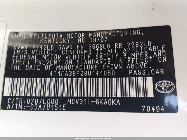Продажа на аукционе авто 2008 Toyota Camry Solara Sle, vin: 4T1FA38P28U141050, номер лота: 45830830