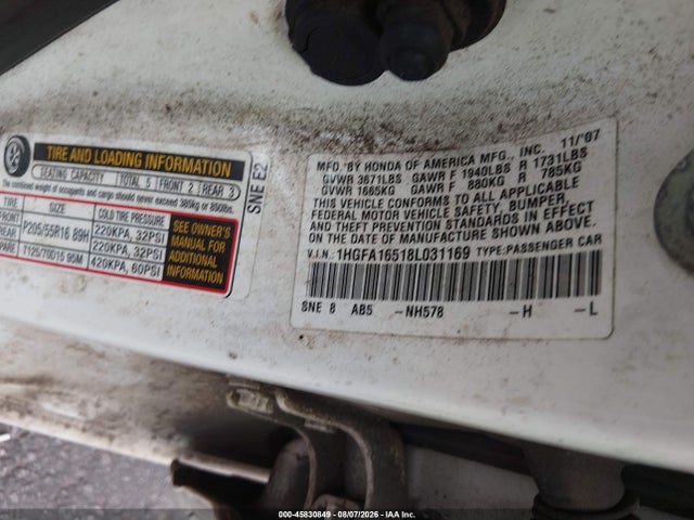 Aukcja sprzedaży 2008 Honda Civic Lx, vin: 1HGFA16518L031169, numer aukcji: 45830849