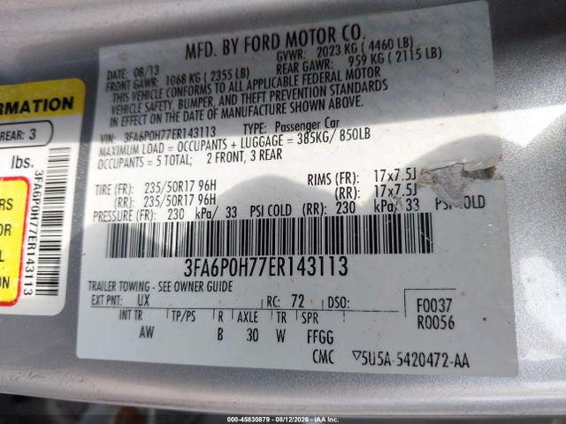 2014 Ford Fusion Se მანქანა იყიდება აუქციონზე, vin: 3FA6P0H77ER143113, აუქციონის ნომერი: 45830879