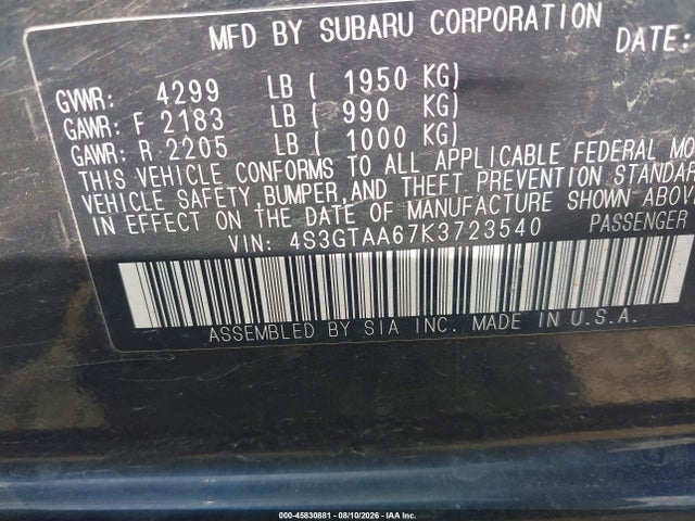 2019 Subaru Impreza 2.0i მანქანა იყიდება აუქციონზე, vin: 4S3GTAA67K3723540, აუქციონის ნომერი: 45830881
