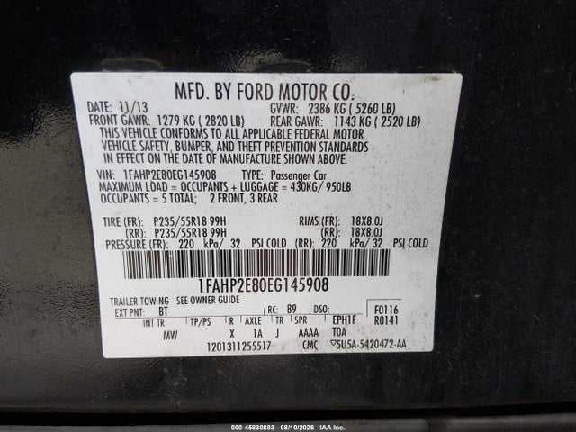 Ford TAURUS SEL 2014 1FAHP2E80EG145908 Image 9