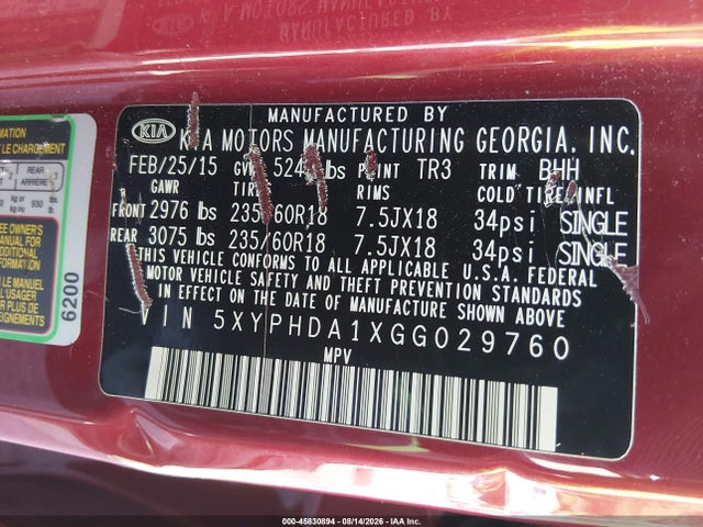 45830894 :رقم المزاد ، 5XYPHDA1XGG029760 vin ، 2016 Kia Sorento 2.0t Ex مزاد بيع