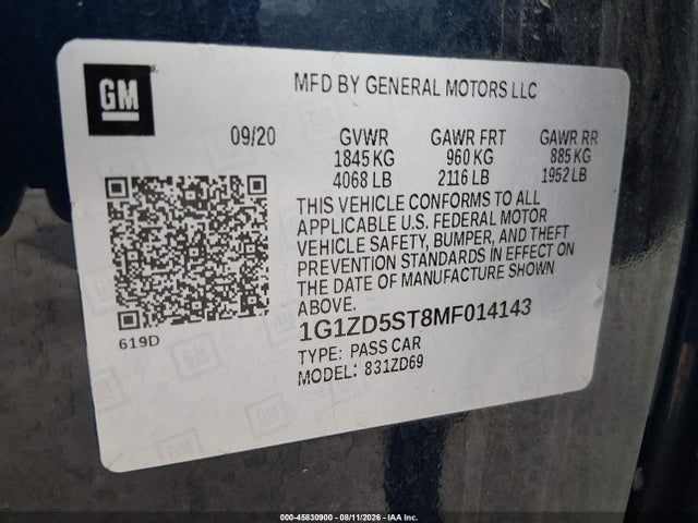 Aukcja sprzedaży 2021 Chevrolet Malibu Fwd Lt, vin: 1G1ZD5ST8MF014143, numer aukcji: 45830900
