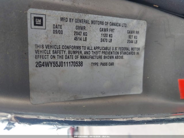 Aukcja sprzedaży 2001 Buick Century Limited, vin: 2G4WY55J011170538, numer aukcji: 45830905