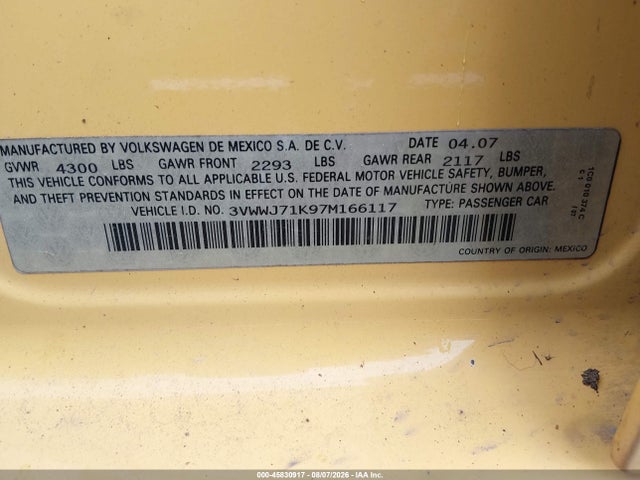 Продаж на аукціоні авто 2007 Volkswagen Jetta Gli, vin: 3VWWJ71K97M166117, номер лоту: 45830917