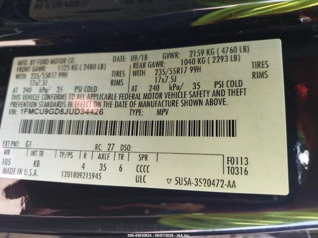 Aukcja sprzedaży 2018 Ford Escape Se, vin: 1FMCU9GD8JUD34426, numer aukcji: 45830924