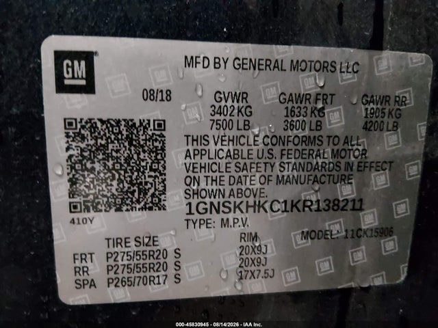 Aukcja sprzedaży 2019 Chevrolet Suburban Lt, vin: 1GNSKHKC1KR138211, numer aukcji: 45830945