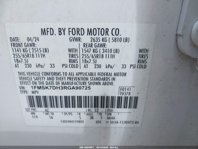 2024 Ford Explorer Xlt მანქანა იყიდება აუქციონზე, vin: 1FMSK7DH3RGA90725, აუქციონის ნომერი: 45830977