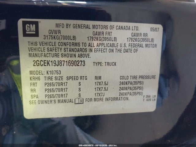 Продаж на аукціоні авто 2007 Chevrolet Silverado 1500 Lt1, vin: 2GCEK19J871690273, номер лоту: 45830978