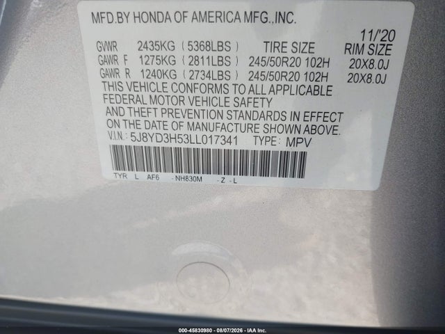 45830980 :رقم المزاد ، 5J8YD3H53LL017341 vin ، 2020 Acura Mdx Technology Package مزاد بيع