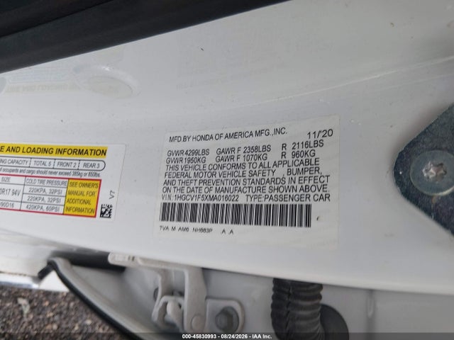 Продаж на аукціоні авто 2021 Honda Accord Ex-l, vin: 1HGCV1F5XMA016022, номер лоту: 45830993