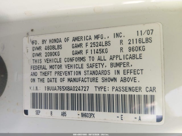 45831005 :رقم المزاد ، 19UUA765X8A024727 vin ، 2008 Acura Tl Type S مزاد بيع