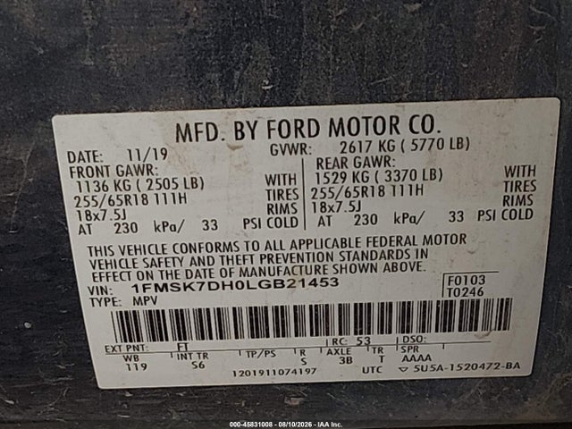 Aukcja sprzedaży 2020 Ford Explorer Xlt, vin: 1FMSK7DH0LGB21453, numer aukcji: 45831008