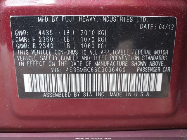 Продаж на аукціоні авто 2012 Subaru Legacy 2.5i Premium, vin: 4S3BMBG66C3036460, номер лоту: 45831009