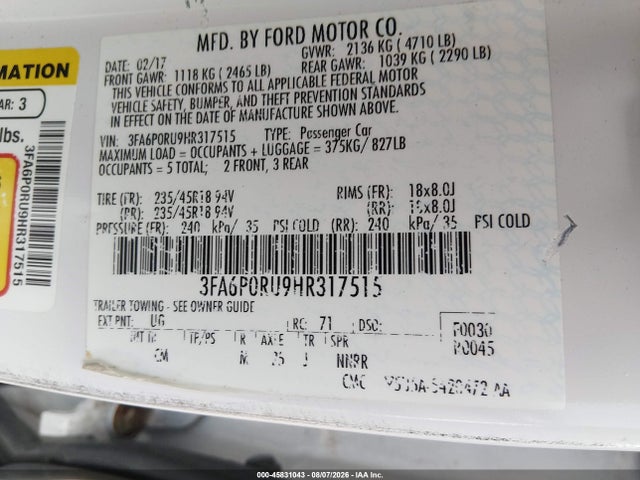 2017 Ford Fusion Hybrid Titanium მანქანა იყიდება აუქციონზე, vin: 3FA6P0RU9HR317515, აუქციონის ნომერი: 45831043