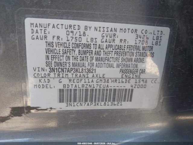 45831046 :رقم المزاد ، 3N1CN7AP3KL813621 vin ، 2019 Nissan Versa 1.6 Sv مزاد بيع