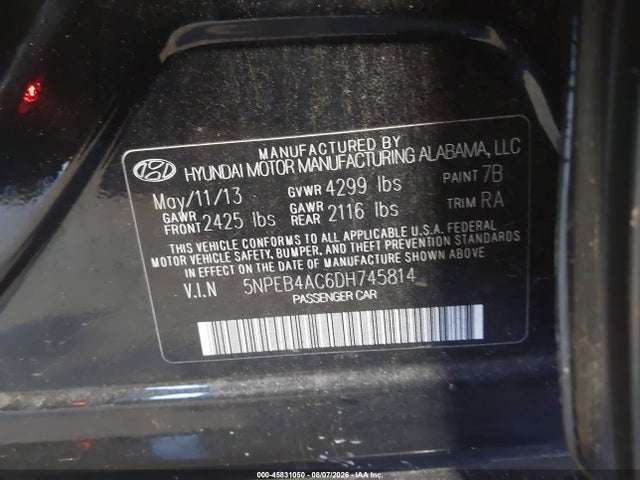 2013 Hyundai Sonata Gls მანქანა იყიდება აუქციონზე, vin: 5NPEB4AC6DH745814, აუქციონის ნომერი: 45831050