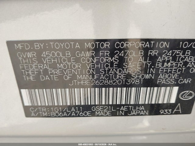 45831053 :رقم المزاد ، JTHBE262882013981 vin ، 2008 Lexus Is 350 مزاد بيع