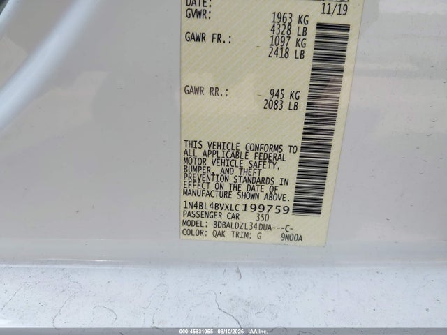 1N4BL4BVXLC199759 Nissan Altima S Fwd