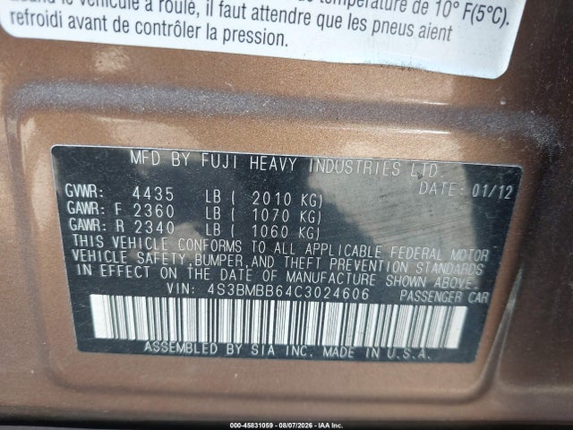 Продажа на аукционе авто 2012 Subaru Legacy 2.5i Premium, vin: 4S3BMBB64C3024606, номер лота: 45831059