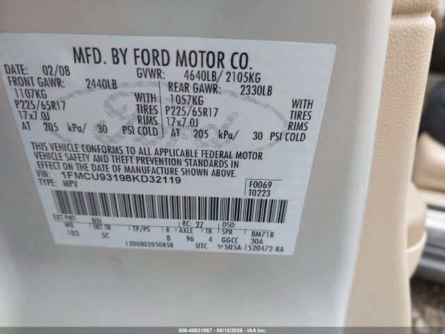 Aukcja sprzedaży 2008 Ford Escape Xlt, vin: 1FMCU93198KD32119, numer aukcji: 45831067