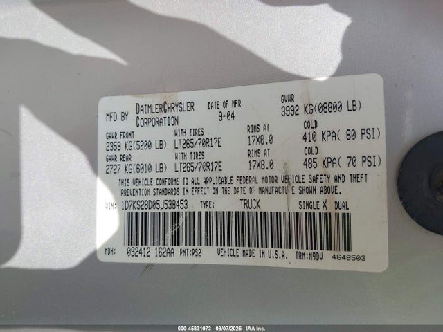 45831073 :رقم المزاد ، 1D7KS28D05J538453 vin ، 2005 Dodge Ram 2500 Slt/laramie مزاد بيع