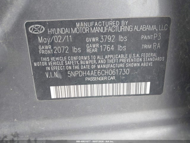 45831077 :رقم المزاد ، 5NPDH4AE6CH061730 vin ، 2012 Hyundai Elantra Gls مزاد بيع
