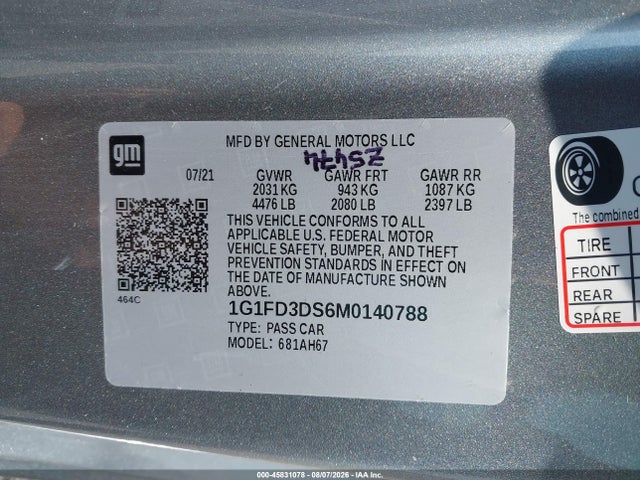 Продажа на аукционе авто 2021 Chevrolet Camaro Rwd  2lt, vin: 1G1FD3DS6M0140788, номер лота: 45831078