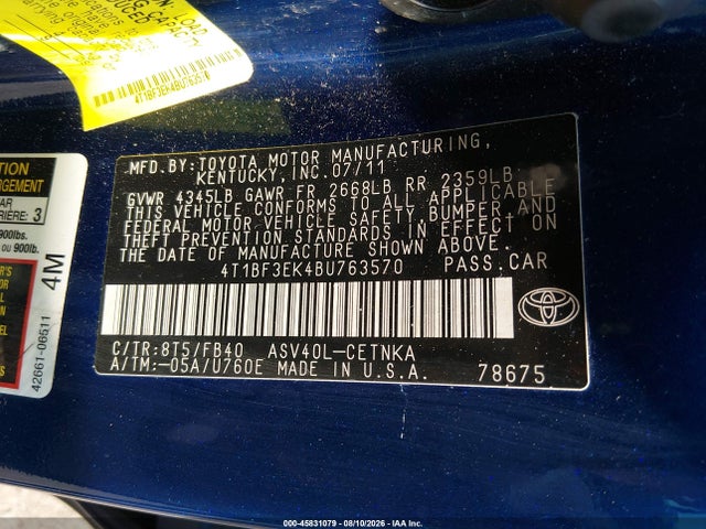 45831079 :رقم المزاد ، 4T1BF3EK4BU763570 vin ، 2011 Toyota Camry مزاد بيع