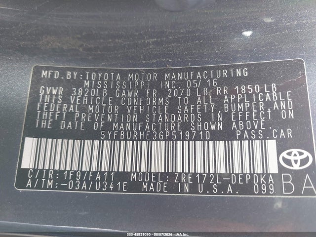 Toyota COROLLA L 2016 5YFBURHE3GP519710 Image 9